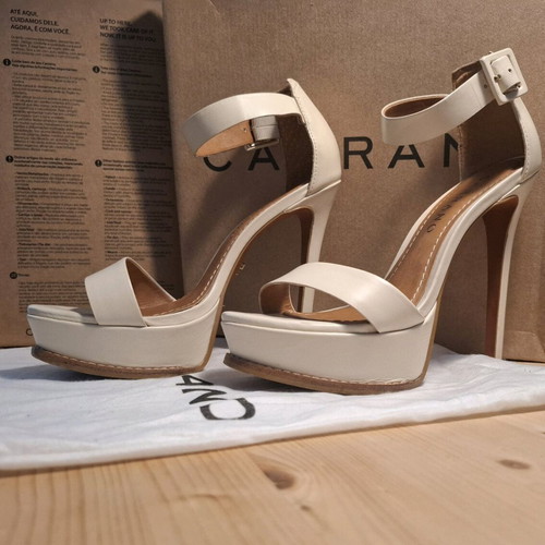 Caranno strapped heels used beige leather wedding shoes, 14 cm heel
