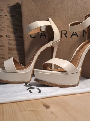 Caranno strapped heels used beige leather wedding shoes, 14 cm heel