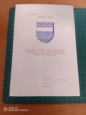 Αναμνηστικό έντυπο Abbaye d'Aulne καινούργιο, Βέλγιο 1969