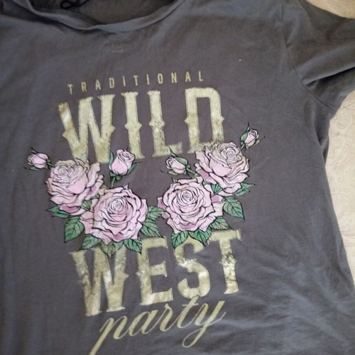 Stradivarius T-shirt, grey with pink floral print, size M