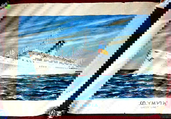 OLYMPIA GREEK LINE, iperokeanio olimpia, afthentiki afisa 1950s megali (95cm x 68cm)