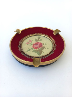 Vintage ashtray with embroidery, velvet and glass like new