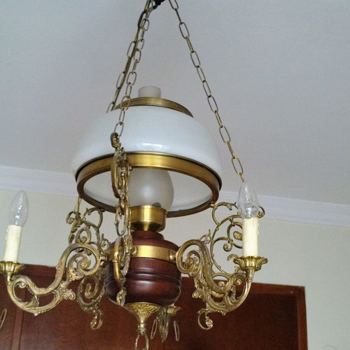 Vintage Brass Chandelier Neoclassical | Large Opaline & Candles | Rare