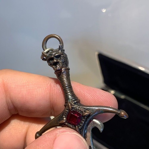 Alchemy Gothic Sword Pendant used, 1993, pewter and crystals