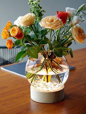 Round decorative vase lamp with wooden base and timer new