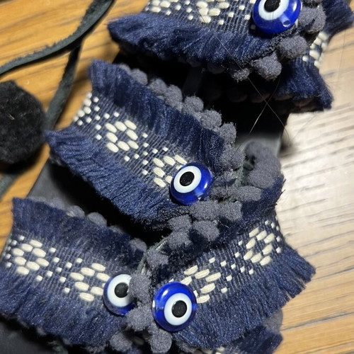 Handmade leather sandals with tassels and evil eyes, like new, size 36, blue