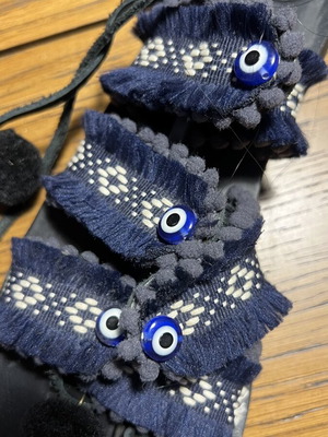 Handmade leather sandals with tassels and evil eyes, like new, size 36, blue