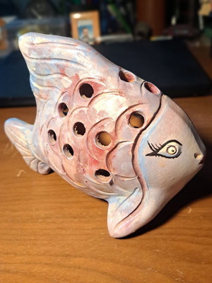 Vintage handmade ceramic fish decoration used, candle holder