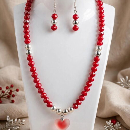 Handmade crystal beaded red color necklace and earrings set