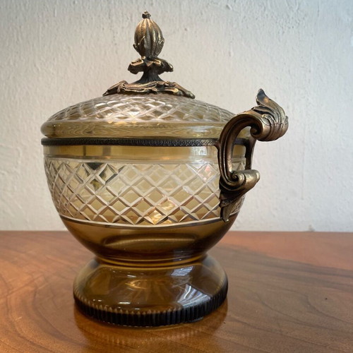 Vintage bronze fondue pot like new with engraved glass