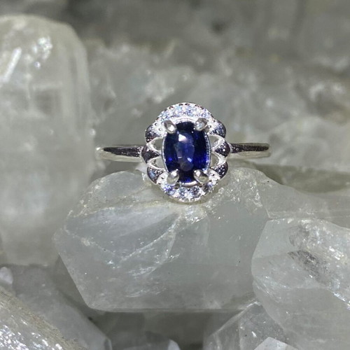 Handmade silver ring with natural blue sapphire and moissanites size 5