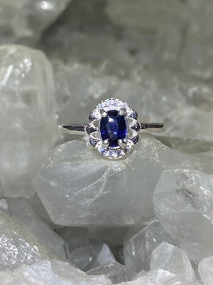 Handmade silver ring with natural blue sapphire and moissanites size 5