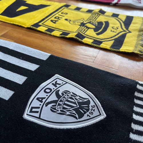 Collection of used football scarves, beanie and shirt set