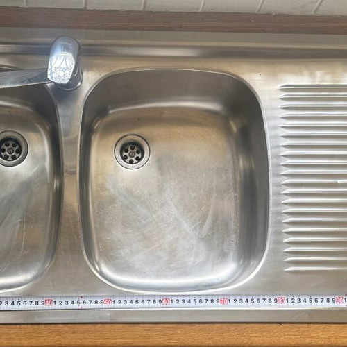 Franke stainless steel kitchen sink with 2 bowls, apron and faucet used