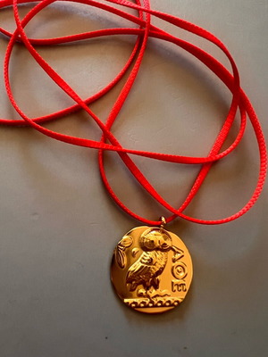 Steel owl pendant with red thread new