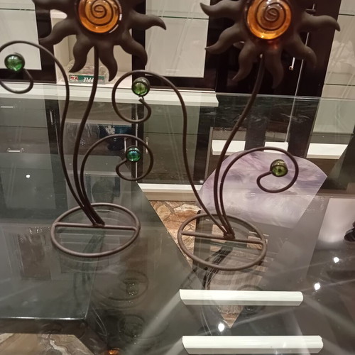 Decorative candle holders set of two used, wrought iron sun design