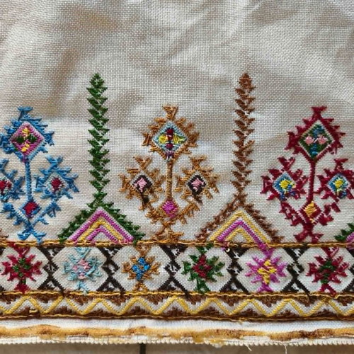 Folk Art Handmade Embroidered Fabric with Geometric Patterns used, 1m x 36cm