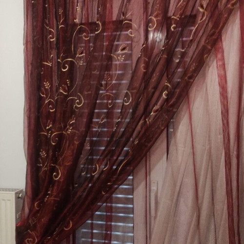 Burgundy curtain like new with gold flowers, double organza and net