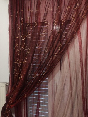 Burgundy curtain like new with gold flowers, double organza and net
