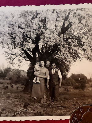 Vintage ασπρόμαυρη φωτογραφία με οικογένεια κάτω από ανθισμένο δέντρο, σαν καινούργιο