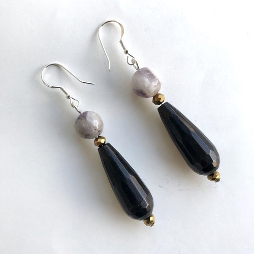 Earrings with jasper, amethyst and black nephrite, new, silver 925