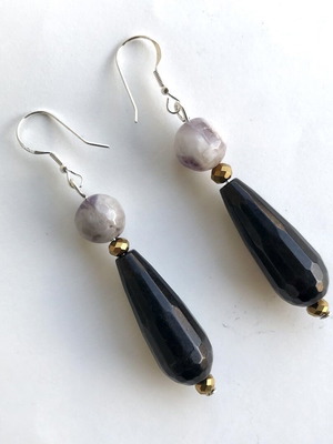 Earrings with jasper, amethyst and black nephrite, new, silver 925