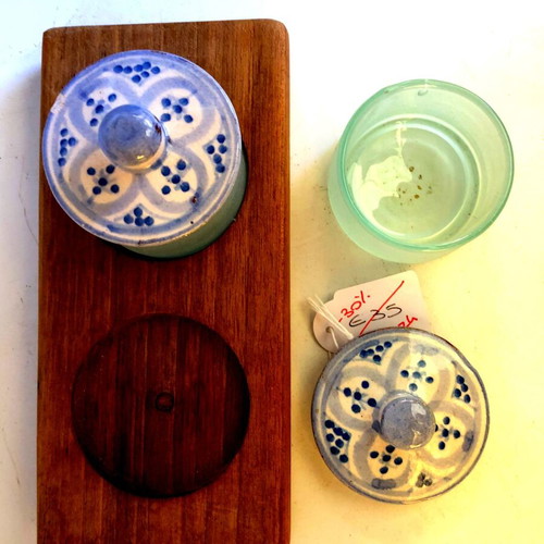 Handmade sauce boat pair like new with wooden base