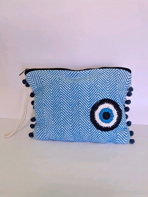 Πλεκτή χειροποίητη καλοκαιρινή τσάντα boho, λευκή-μπλε, σαν καινούργια
