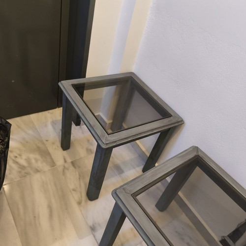 Coffee tables used, oak wood with smoked glass, vintage chalk paint