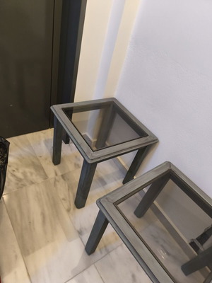Coffee tables used, oak wood with smoked glass, vintage chalk paint