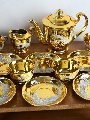 Asian tea set used, gold color