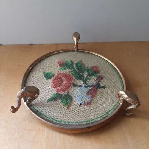 Decorative plate with embroidery and swan feet used, 1950s vintage