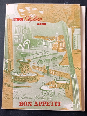 TWA flight collectible menu used, 1950s-60s
