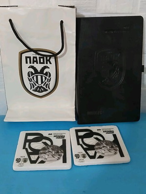 PAOK notebook calendar used with two collectible coasters