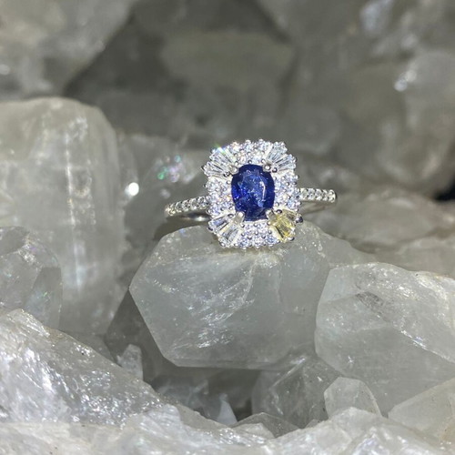 Handmade silver ring with natural blue sapphire and moissanites size 9