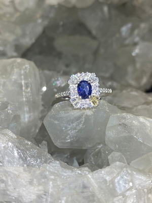 Handmade silver ring with natural blue sapphire and moissanites size 9