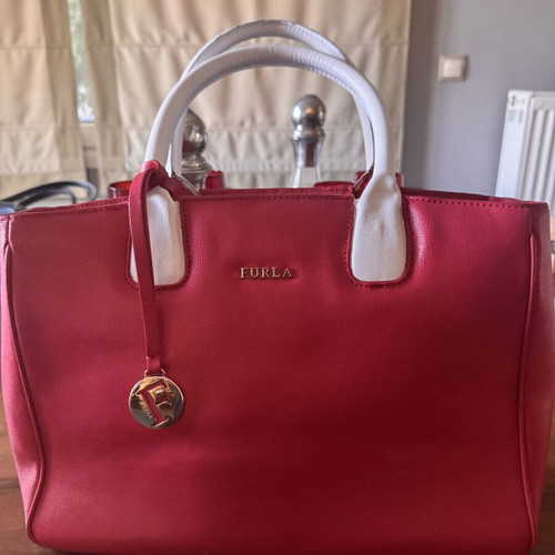 Furla leather handbag, fuchsia with white handles