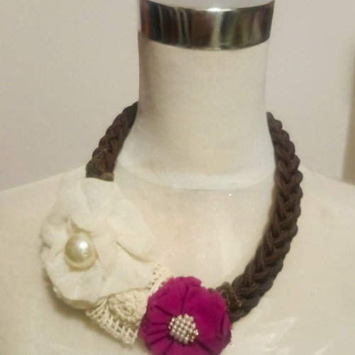 Handcrafted Boho Chic Statement Necklace with Fabric Flowers and Pearls