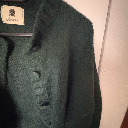 Karavan short cardigan like new, green with puffed sleeves