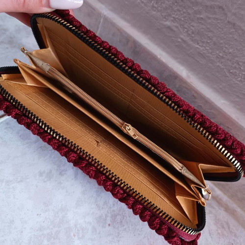 Handmade knitted wallet new, garnet red