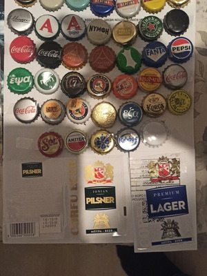 Καπάκια μπύρας και αναψυκτικών μεταχειρισμένα, πακέτο 40 με 2 ετικέτες Corfu Beer