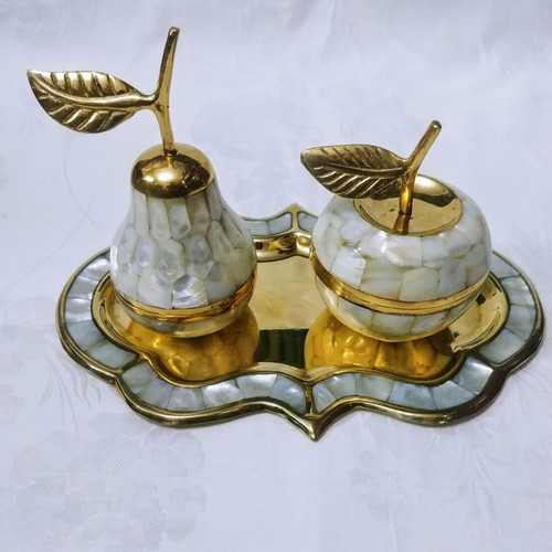 Brass and mother of pearl inlaid tray with used jewelry boxes from India 60s