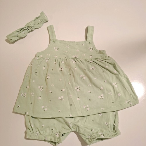 Mangoon romper dress/shorts 6-9 months new, sage green with headband