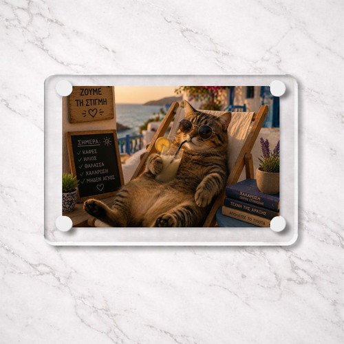 Acrylic fridge magnet "Ζούμε τη στιγμή" new, Summer Cat Vibes