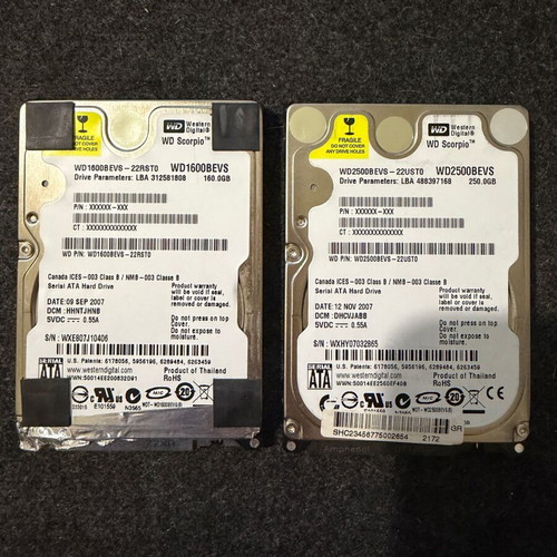 WD Scorpio 2.5" Hard Drives pack of 2, 160GB & 250GB, like new
