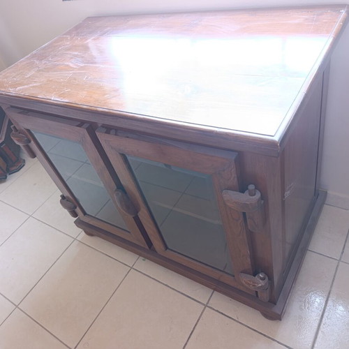 Wooden rustic buffet cabinet with glass doors, solid wood