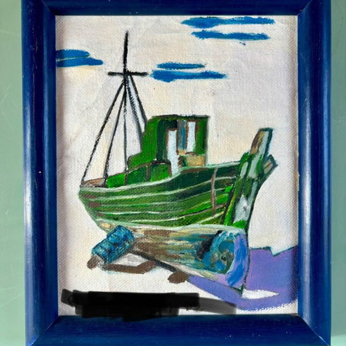 Painting with nautical theme in blue wooden frame