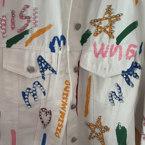 Rock denim jacket white with pearls and colorful details like new