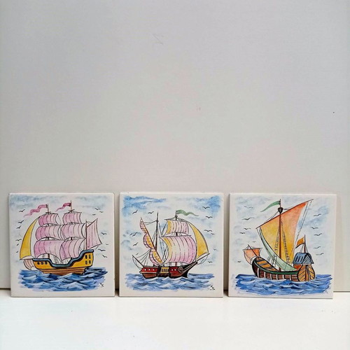 Villeroy and Boch set of eight ceramic tiles from the 1960s like new with sailing ship paintings