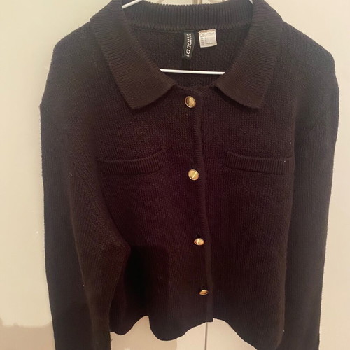 H&M cardigan used, black with gold buttons, size L